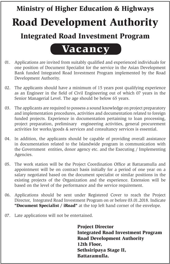 Document Specialist / iRoad - Road Development Authority